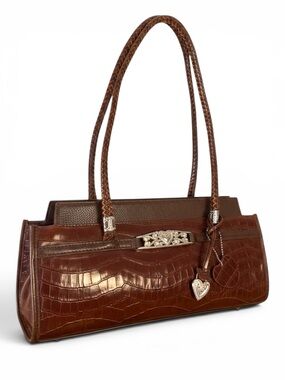 Brighton Vintag Mock Croc Leather Shoulder Bag Brown Braided Straps Silver Heart